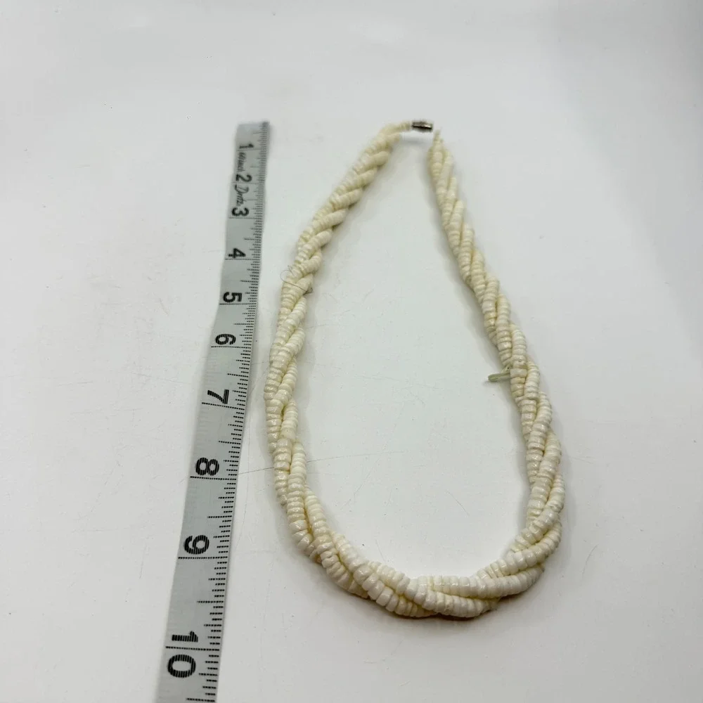 White Puka Shell Heishi Bead Necklace Triple Strand Twisted Boho Coastal Beach